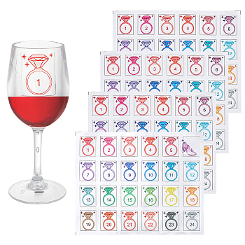 Plastic Diamond Drink Marker Stickers, Waterprof Wine Glass Decals for Wine Tasting Party Supplies, Colorful, 240x302x0.2mm, Sticker: 47x38mm, 24pcs/ssheet