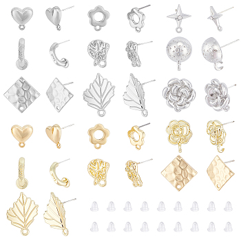 Elite 32Pcs 16 Style Alloy Stud Earring Findings, with Loops and 304 Stainless Steel Steel Pins, Star & Leaf & Flower & Rhombus & Heart, Cadmium Free & Nickel Free & Lead Free, with 70Pcs Plastic Ear Nuts, Platinum & Light Gold, 13~23.5x6~17.5mm, Hole: 1~2mm, Pin: 0.6~0.7mm, 2Pcs/style