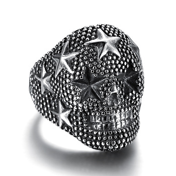 Skull with Star Chunky Wide Band Ring, Gunmetal 316 Stainless Steel Halloween Jewelry for Men Women, Stainless Steel Color, US Size 9 1/4(19.1mm)