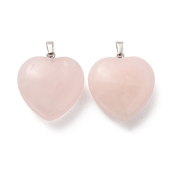 Natural Rose Quartz Pendants, Heart Charms, with Rack Plating Platinum Tone Brass Snap on Bails, 32~33x30~31x12~13mm, Hole: 5x8mm