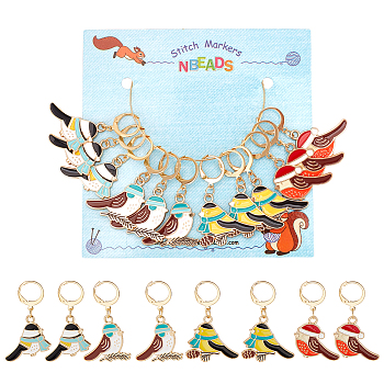 12Pcs 4 Style Alloy Enamel Bird Charms Locking Stitch Makers, with Golden 304 Stainless Steel Leverback Earring Findings, Mixed Color, 44mm, Pin: 1x0.8mm, 3Pcs/style