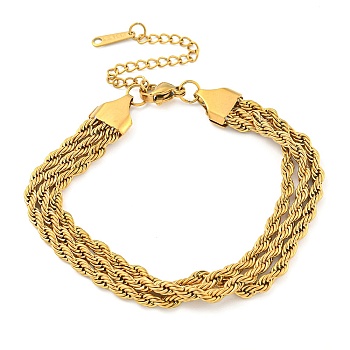 304 Stainless Steel 3-Strand Rope Chain Bracelets for Women, Real 18K Gold Plated, 6-1/2 inch(16.4cm)