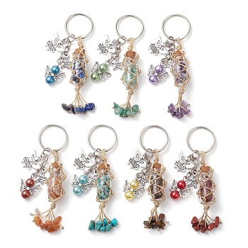 7Pcs 7 Styles Gemstone Wish Bottle Keychains, with Iron Split Key Rings and Imitation Pearl Acrylic Beads, Angel, 9.4~9.8cm, 1pc/style