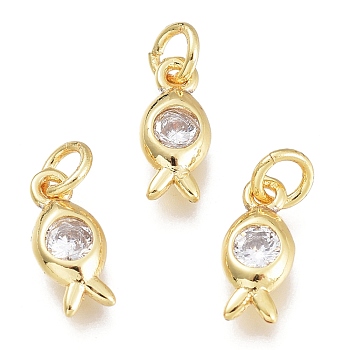 Brass Micro Pave Clear Cubic Zirconia Charms, with Jump Ring, Fish, Golden, 9.5x4.5x2.5mm, Hole: 1.5mm, Jump Rings: 3.5x0.8mm