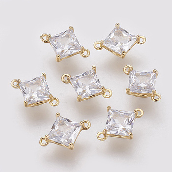 Brass Cubic Zirconia Links, Nickel Free, Real 18K Gold Plated, Rhombus, 10x8x4mm, Hole: 1mm