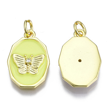 Brass Micro Pave Clear Cubic Zirconia Enamel Pendants, with Jump Ring, Cadmium Free & Nickel Free & Lead Free, Real 16K Gold Plated, Oval with Butterfly, Champagne Yellow, 18.5x12x3mm, Jump Ring: 5x1mm, 3mm inner diameter