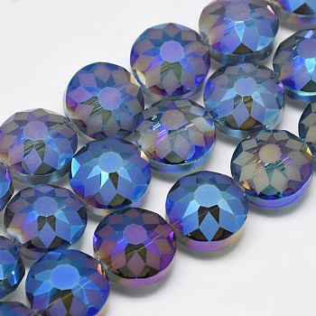 Electroplate Glass Beads Strands, Frosted, Rainbow Plated, Faceted, Flat Round, Royal Blue, 14x8~10mm, Hole: 1.5mm, about 50pcs/strand, 26.77 inch