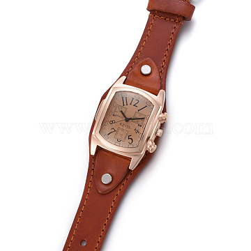 Wristwatch, Quartz Watch, Alloy Watch Head and PU Leather Strap, Sienna, 9-1/2 inch~9-7/8 inch(24.1~25.1cm), 19~20x3mm, Watch Head: 38x38x16mm(X-WACH-I017-10B)
