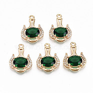 Brass Glass Rhinestone Pendants, with Micro Pave Clear Cubic Zirconia, Long-Lasting Plated, Cadmium Free & Lead Free, Light Gold, Emerald, 20x14x5mm, Hole: 1.6mm(GLAA-S179-29C-RS)