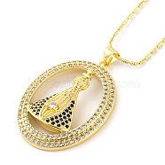 Brass Micro Pave Clear & Blue Cubic Zirconia Nossa Senhora Aparecida Pendant Necklaces for Women, Real 18K Gold Plated, Oval, 16.54 inch(42cm)(NJEW-S430-02G-01)