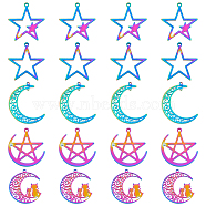 SUPERFINDINGS 20Pcs 5 Style 304 Stainless Steel Pendants, Moon with Cat & Star, Rainbow Color, 26~40x25~34x1.5mm, Hole: 1.2~1.5mm, 4pcs/style(STAS-FH0001-72)