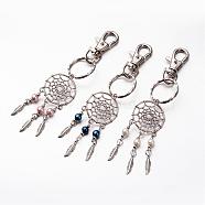 Woven Net/Web with Feather Keychain, Alloy Glass Pearl Keychain, with Alloy Swivel Clasps, Mixed Color, 125mm(KEYC-JKC00077)