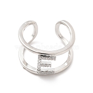 Clear Cubic Zirconia Initial Letter Open Cuff Ring, Platinum Brass Double Line Ring for Women, Lead Free & Cadmium Free, Letter.E, US Size 6(16.5mm)(RJEW-A012-01P-E)