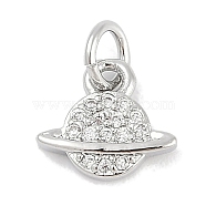 Brass Micro Pave Cubic Zirconia Pendants, Planet Charms, Lead Free & Cadmium Free, Long-Lasting Plated, Rack Plating, with Jump Ring, Platinum, 8.5x9.5x3x2mm(KK-Q028-31P)