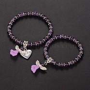 Mother daughter Jewelry, Amethyst Beaded Acrylic Charm Bracelets, with Tibetan Style Alloy Beads and Heart Pendants, Lovely Wedding Dress Angel Dangle, Antique Silver, 48mm & 58mm(BJEW-JB01794-05)