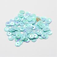 Plastic Paillette Beads, Semi-cupped Sequins Beads, Center Hole, Pale Turquoise, 8x0.5mm, Hole: 1mm(PVC-A002-8mm-03)