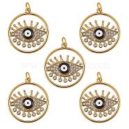 5Pcs Brass Micro Pave Cubic Zirconia Pendants, with Enamel, Long-Lasting Plated, Cadmium Free & Lead Free, Real 18K Gold Plated, Flat Round with Evil Eye, Black, 22x20x3mm, Hole: 3.6mm(ZIRC-SZ0002-71C)