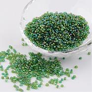 Round Trans. Colors Rainbow Glass Seed Beads, Dark Green, 
Size: about 2mm in diameter, hole:1mm, about 3306pcs/50g(X-SEED-A007-2mm-167)