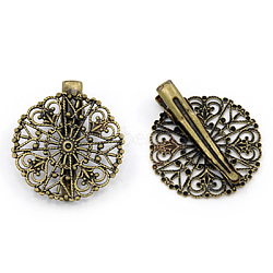 Hair Clip Findings, with Brass Filigree Trays and Iron Alligator Clips, Antique Bronze, 35x31mm(X-PHAR-E011-05AB)