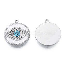 304 Stainless Steel Pendants, with Rhinestone, Flat Round with Eye, Stainless Steel Color, 19x16.5x2.5mm, Hole: 1.4mm(STAS-N098-163P)