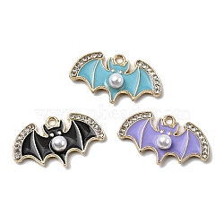Halloween Alloy Enamel Pendants, Bat, with Rhinestone and Plastic Pearl, Golden, 14.5x25x5mm, Hole: 1.6mm(FIND-D307-01G)