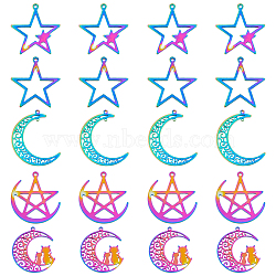 SUPERFINDINGS 20Pcs 5 Style 304 Stainless Steel Pendants, Moon with Cat & Star, Rainbow Color, 26~40x25~34x1.5mm, Hole: 1.2~1.5mm, 4pcs/style(STAS-FH0001-72)