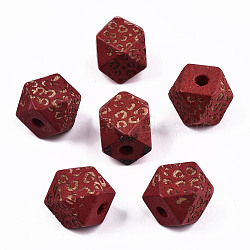 Painted Natural Wood Beads, Laser Engraved Pattern, Faceted, Polygon with Leopard Print, FireBrick, 12x12x12mm, Hole: 2.5mm(WOOD-T021-51B-08)