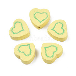 Spray Painted Maple Wood Beads, Printed, Heart, Yellow, 16.5x17.5x6mm, Hole: 1.8mm, about 550pcs/500g(WOOD-Q030-87A)