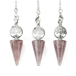 Natural Strawberry Quartz Cone Dowsing Pendulum Big Pendants, with Tree of Life Rack Plating Platinum Plated Brass Findings, Cadmium Free & Lead Free, 220~240mm, Hole: 1.5~2mm(G-C114-02P-17)