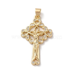 Brass Micro Pave Clear Cubic Zirconia Pendants, Cross, Real 18K Gold Plated, 32x19x5mm, Hole: 4.5x3.5mm(KK-A212-11B-G)