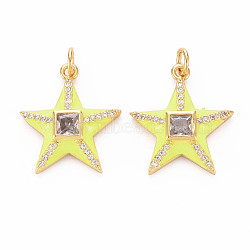 Brass Micro Pave Clear Cubic Zirconia Pendants, with Enamel and Jump Ring, Star, Real 16K Gold Plated, Yellow, 20x18.5x4.5mm, Hole: 3mm(RJEW-T016-25B-I-NF)