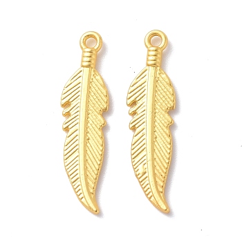 Rack Plating Alloy Pendants, Cadmium Free & Lead Free & Nickle Free, Feather Charm, Matte Gold Color, 25.5x6.5x2mm, Hole: 1.5mm