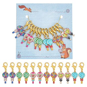 Lollipop Pendant Stitch Markers, Alloy Enamel Crochet Lobster Clasp Charms, Locking Stitch Marker with Wine Glass Charm Ring, Mixed Color, 4cm, 6 colors, 2pcs/color, 12pcs/set