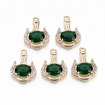 Brass Glass Rhinestone Pendants, with Micro Pave Clear Cubic Zirconia, Long-Lasting Plated, Cadmium Free & Lead Free, Light Gold, Emerald, 20x14x5mm, Hole: 1.6mm