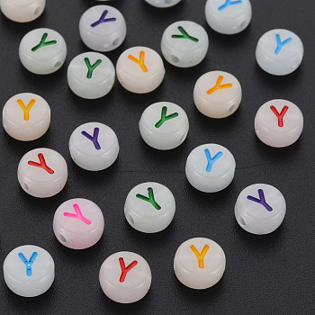 Acrylic Beads, Glow in the Dark, with Enamel and Luminous, Horizontal Hole, Flat Round with Alphabet, Letter.Y, 6.5x7x4mm, Hole: 1.6mm, about 3600pcs/500g