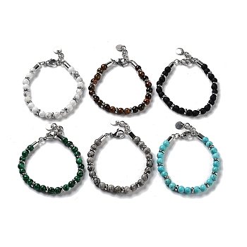 Natural & Synthetic Mixed Gemstone Round Beaded Bracelets, with 201 Stainless Steel Lobster Claw Clasps for Women, 21.3cm