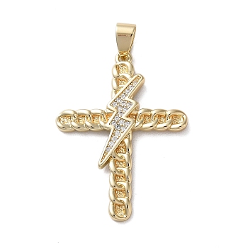 Brass Micro Pave Clear Cubic Zirconia Pendants, Real 18K Gold Plated, Cross, Lightning Bolt, 36x26x2.5mm, Hole: 5x3.5mm