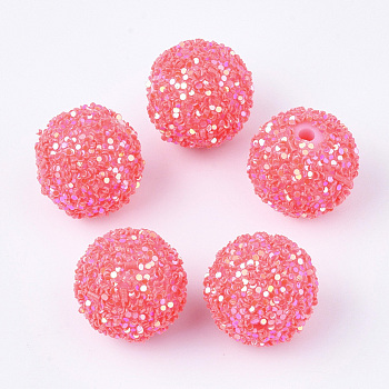 Acrylic Beads, Glitter Beads,with Sequins/Paillette, Round, Light Coral, 12x11mm, Hole: 2mm