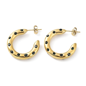 Real 18K Gold Plated 304 Stainless Steel Ring Stud Earrings with Rhinestone, Half Hoop Earrings, Emerald, 26x5mm