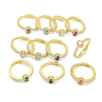 Oval Rack Plating Brass Micro Pave Cubic Zirconia Adjustable Rings for Women, Cadmium Free & Lead Free, Long-Lasting Plated, Real 18K Gold Plated, Mixed Color, Inner Diameter: 17.8mm