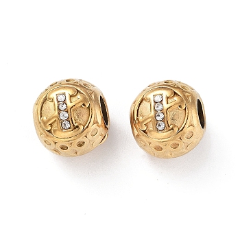 304 Stainless Steel Rhinestone European Beads, Round Large Hole Beads, Real 18K Gold Plated, Round with Letter, Letter X, 11x10mm, Hole: 4mm
