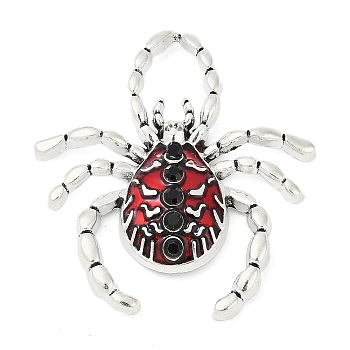 Alloy Rhinestone Enamel Pendants, Rack Plating, Cadmium Free & Nickel Free & Lead Free, Spider, Antique Silver, FireBrick, 40.5x38.5x7.5mm, Hole: 12x8.5mm