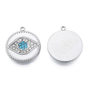 304 Stainless Steel Pendants, with Rhinestone, Flat Round with Eye, Stainless Steel Color, 19x16.5x2.5mm, Hole: 1.4mm