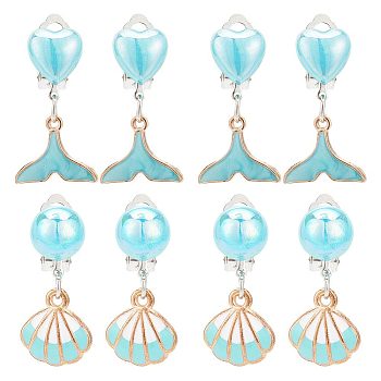 4 Pair 2 Style Imitation Shell Enamel Dangle Clip-on Earrings, Platinum Alloy Ocean Theme Jewelry for Women, Whale, 35~37mm, 1 Pair/style
