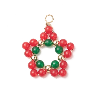 Natural & Dyed Natural Malaysia Jade Copper Wire Wrapped Pendants, Christmas Red Green Star Charm, Golden, 34x28x4.5mm, Hole: 3mm