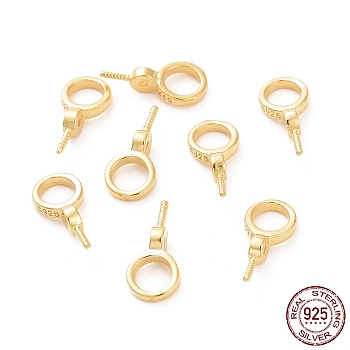 925 Sterling Silver Screw Eye Peg Bails, Ring, For Half-drilled Beads, Golden, 12x6x3mm, Hole: 4mm, Pin: 0.7mm