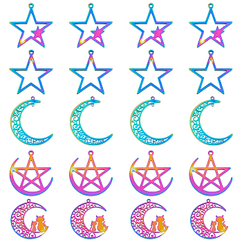 SUPERFINDINGS 20Pcs 5 Style 304 Stainless Steel Pendants, Moon with Cat & Star, Rainbow Color, 26~40x25~34x1.5mm, Hole: 1.2~1.5mm, 4pcs/style