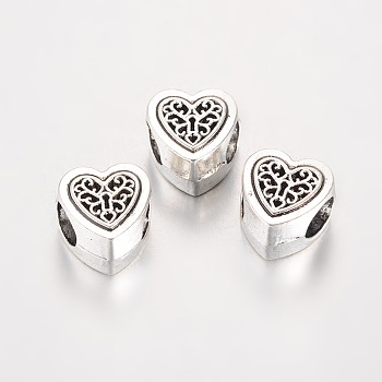 Large Hole Heart Alloy European Beads, Antique Silver, 10.5x10x7mm, Hole: 4.5mm