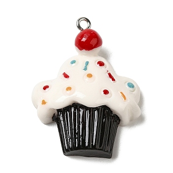 Opaque Resin Imitation Food Pendants, Cherry Cupcake Charms with Platinum Tone Iron Loops, Black, 35x27x10mm, Hole: 2mm