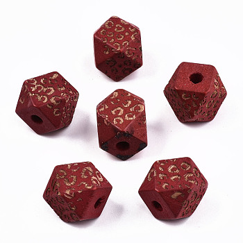 Painted Natural Wood Beads, Laser Engraved Pattern, Faceted, Polygon with Leopard Print, FireBrick, 12x12x12mm, Hole: 2.5mm